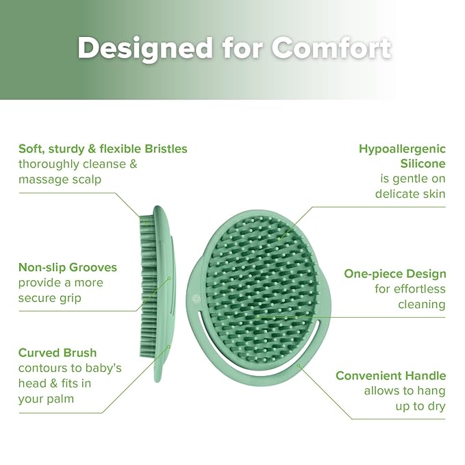 haakaa Silicone Shampoo Brush - Cradle Cap Brush Comb - Baby Hair Scrubber - Baby Bath Essentials - 1pk-Pea Green