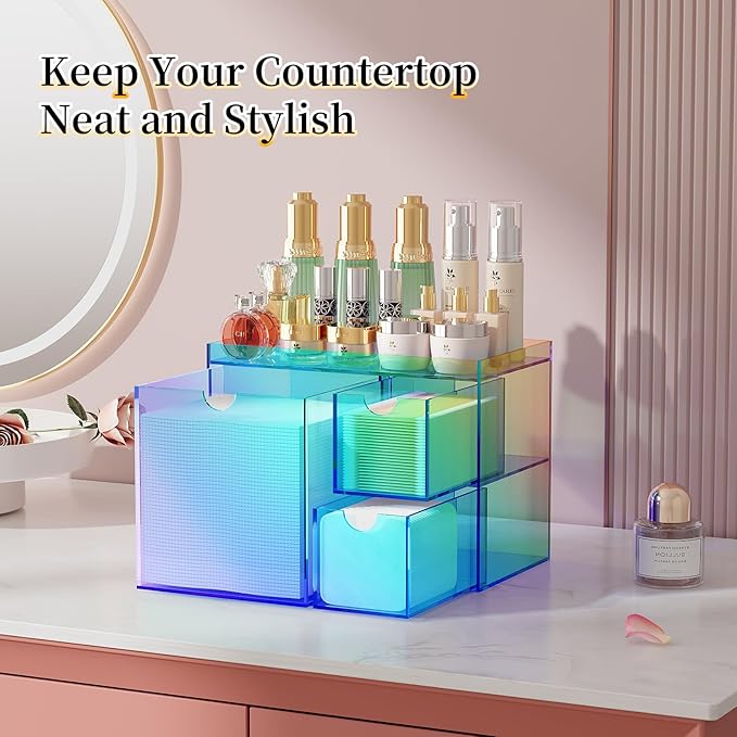 Youdepot Iridescent Acrylic Face Towel Holder with 3 Drawers, Disposable Face Towel Organizer for XL Facial Towels, Cotton Pads, Swabs, Skincare Tools, Bathroom Vanity Countertop Storage Box