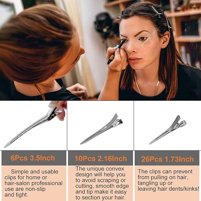 HiJeaton 42Pcs Styling Hair Clips, Silver Metal Duck Billed Hair Clips for Women Styling Sectioning, Duckbill Long, Pin Curl, Alligator Roller Clip with Case (42PCS)