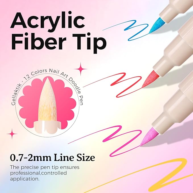 12 Colors Nail Art Pens Set, 3D Nail Color Pens, Quick-Drying Acrylic Paint Markers, Dotting Liner Brush for DIY Nail Design, Home & Salon Manicure Tools