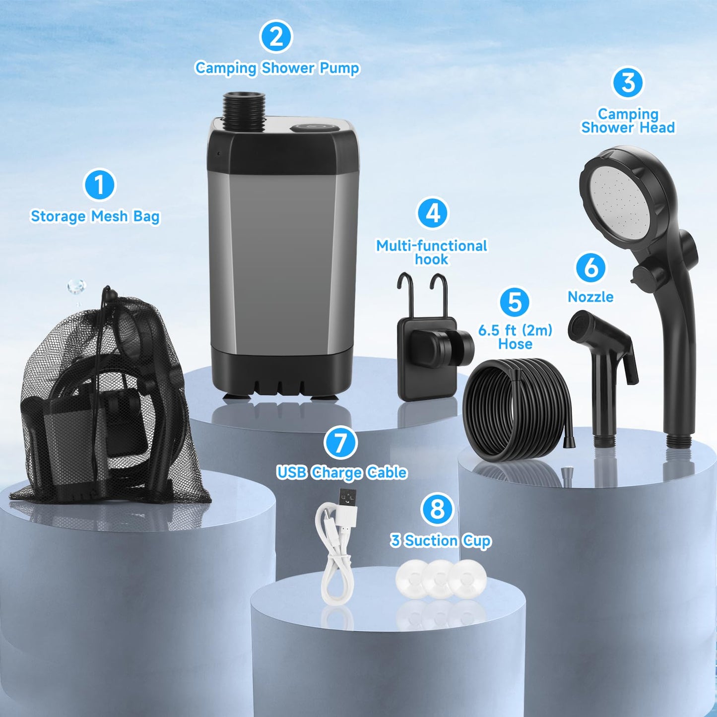 vignuto Portable Shower for Camping, Rechargeable Camping Shower kit with LED Display of Battery Level and Temperature, Lasting-150 Mins, Suitable for Outdoor Shower, Pet Bath, Car Washing