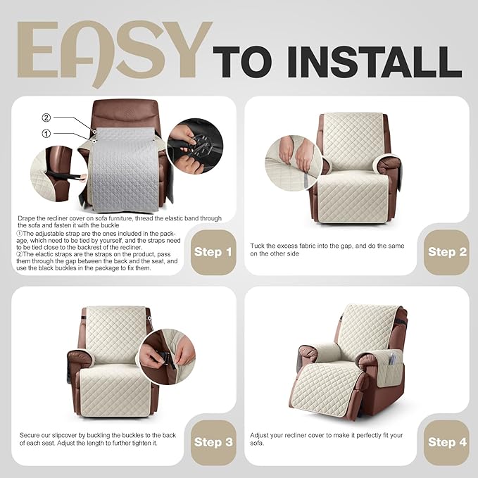 KinCam 100% Waterproof Recliner Chair Cover, Reclining Couch Covers for Pets, Dogs, Recliner Couch Slipcover Furniture Protector with Elastic Straps for Kids(23.6", Ivory)