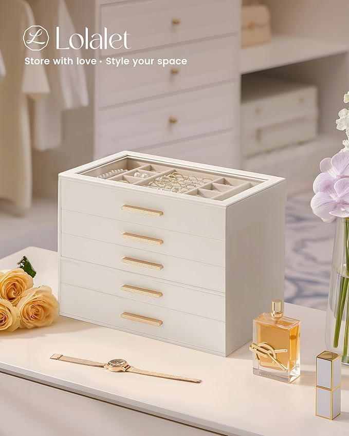Lolalet Jewelry Box Organizer, 5-Layer Jewelry Organizers and Storage Case with Glass Lid, Ring Earring Bracelet Necklace Holder Organizer, Birthday Valentine Gifts for Women Girls -5Layer, Beige