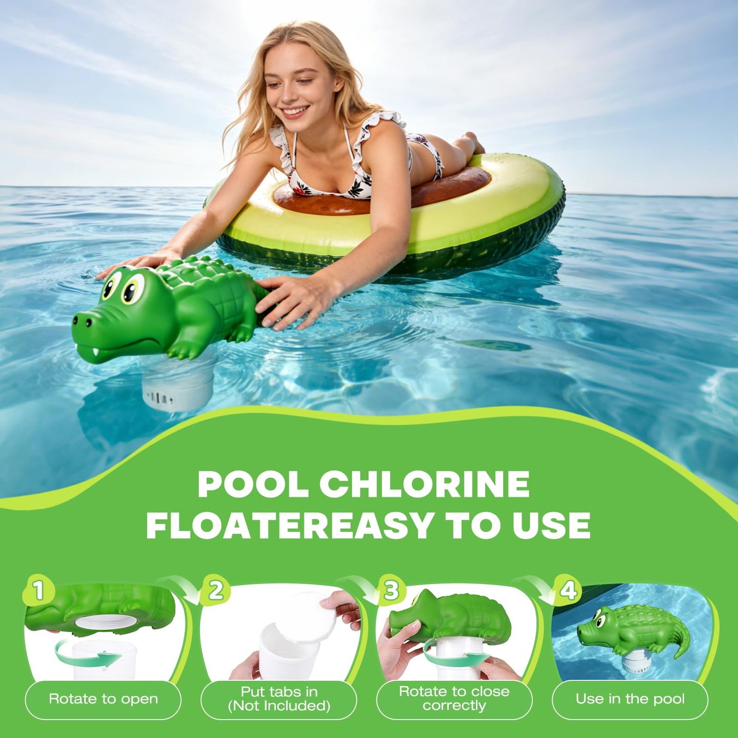 ODJSY Pool Chlorine Floater,Large Capacity Floating Chlorine Dispenser-Fits 1 & 3 Inch Tablets,Hard Plastic Material Prevents Aging,Applicable to Swimming Pools, Spas, Hot Tubs (Crocodile)