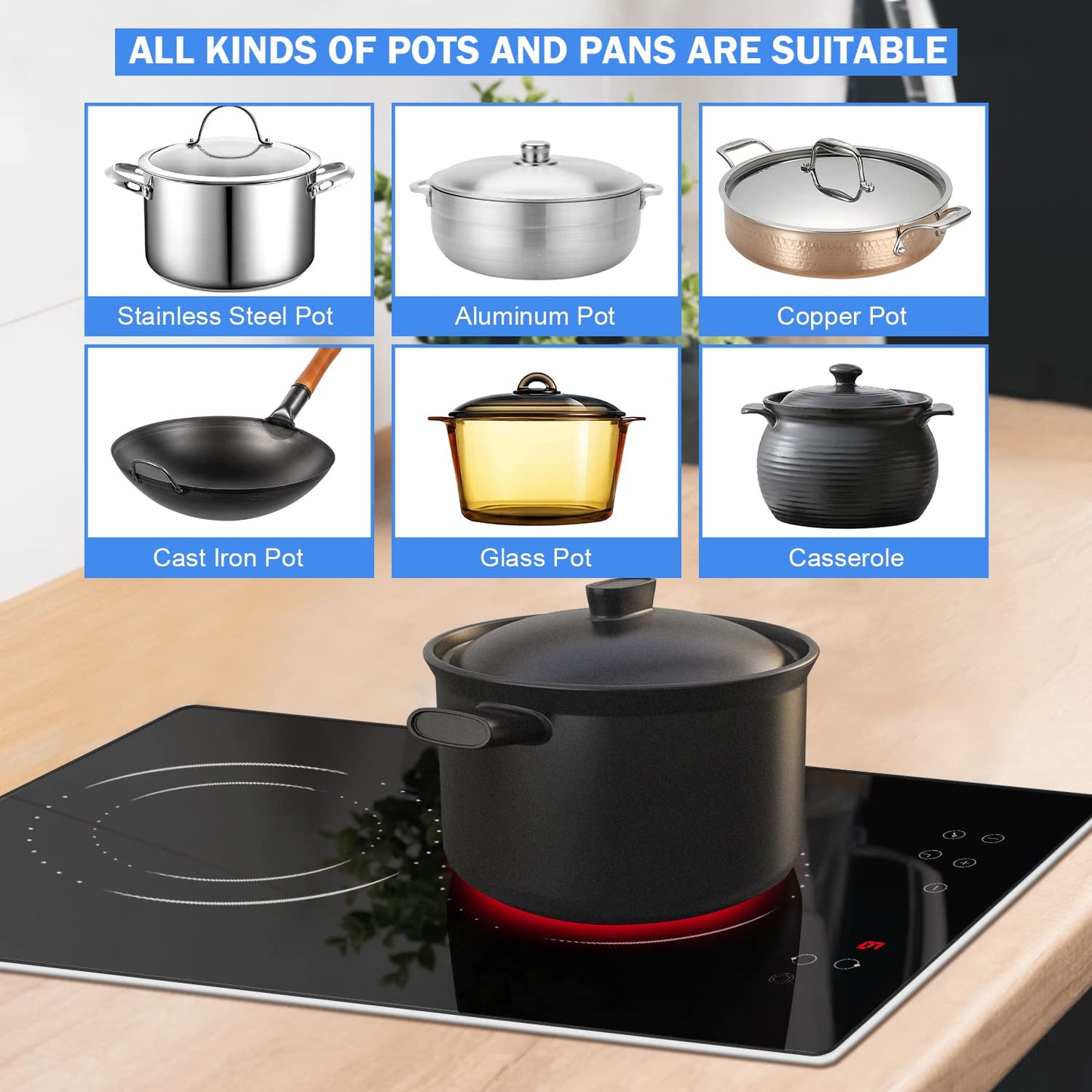 Hobsir hob 2 Burners Electric Cooktop, 12 inch Electric Stove Top Burner, Built-in Ceramic Stove with Touch Control, Timer, Safety Lock, 9 Power Levels 3200W, 220V-240V Hard Wire (No Plug)