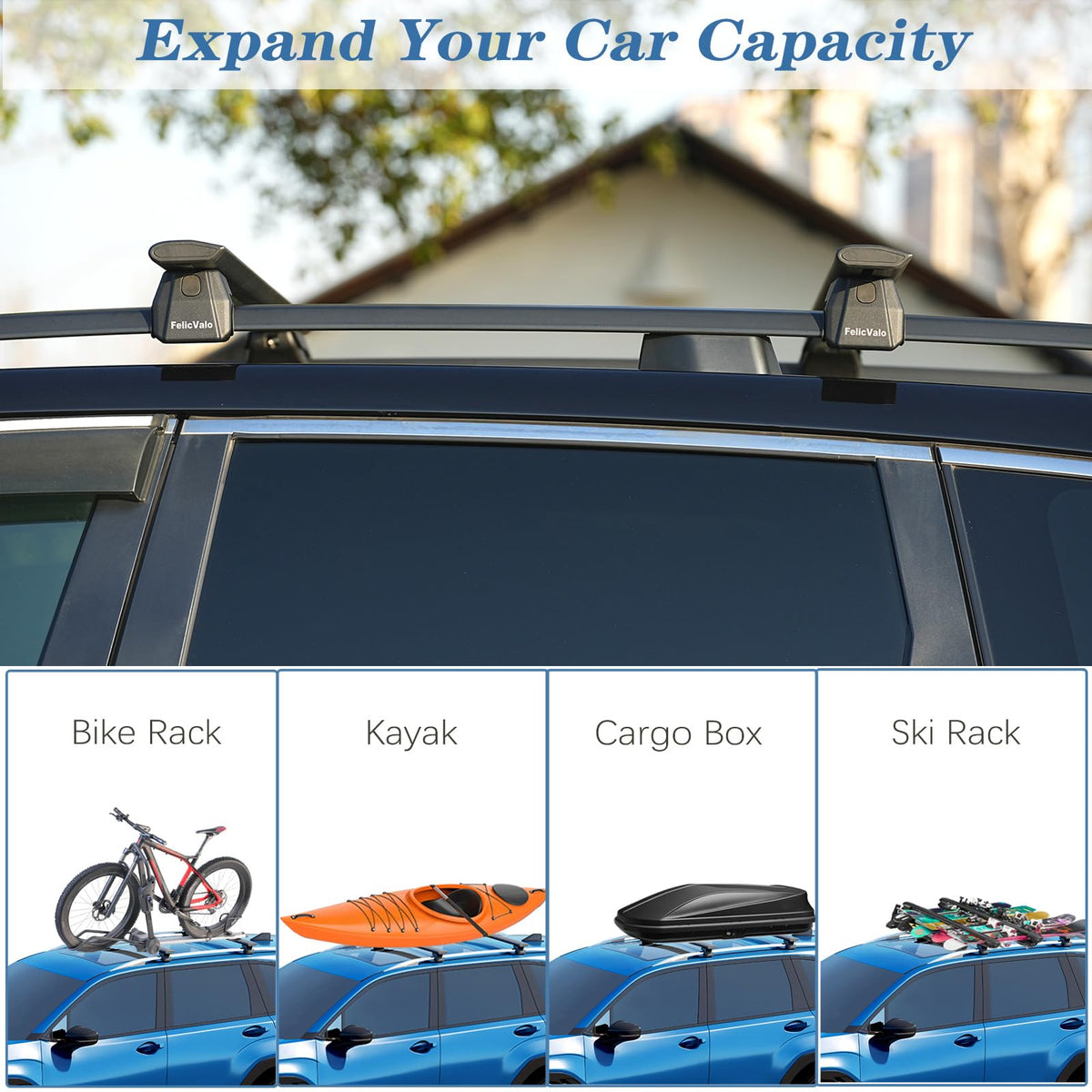 FelicValo FelicValo 53" All-Metal 330 lbs Roof Rack Cross Bars with T-Slot, Universal Fit for Raised Side Rails, Heavy Duty Aluminum Crossbars for Cargo Carrier, Kayak and Luggage, Lock-Free Design