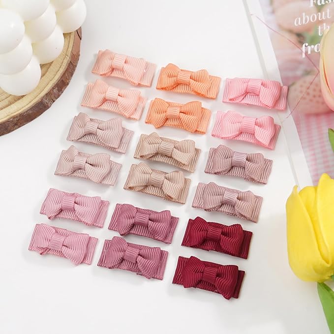 CÉLLOT 40pcs Mini 1.2" Grosgrain Ribbon Snap Clips - Tiny Fine Thin Hair Bows in Pairs for Baby Girls, Toddlers, and Infants
