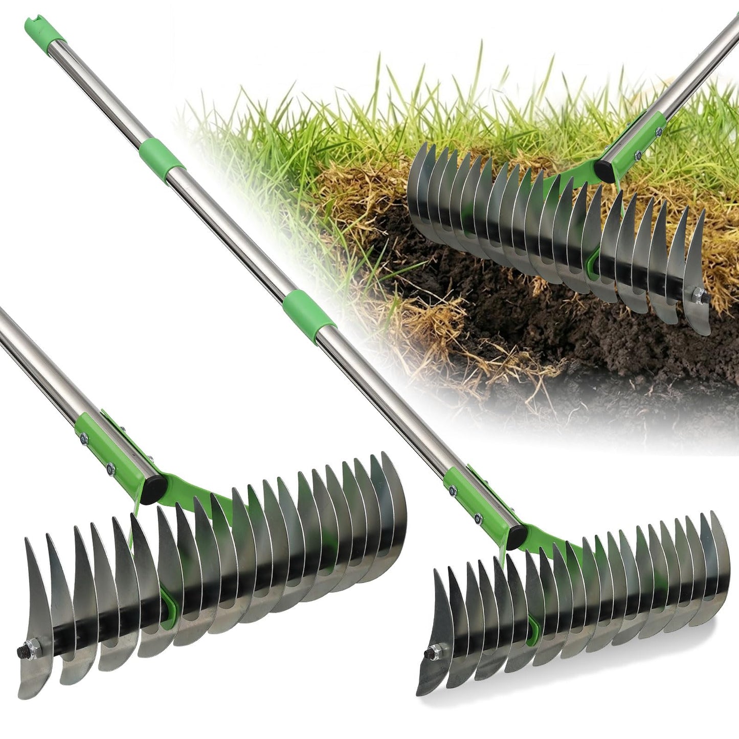 Heavy Duty Thatch Rake for Lawns - 13” Deep-Clean Dethatching Rake for Dead Grass & Moss Removal, Dual-Sided Manual Dethatcher and Scarifier Tool, 65" Long Metal Handle for Garden Yard Lawn Care