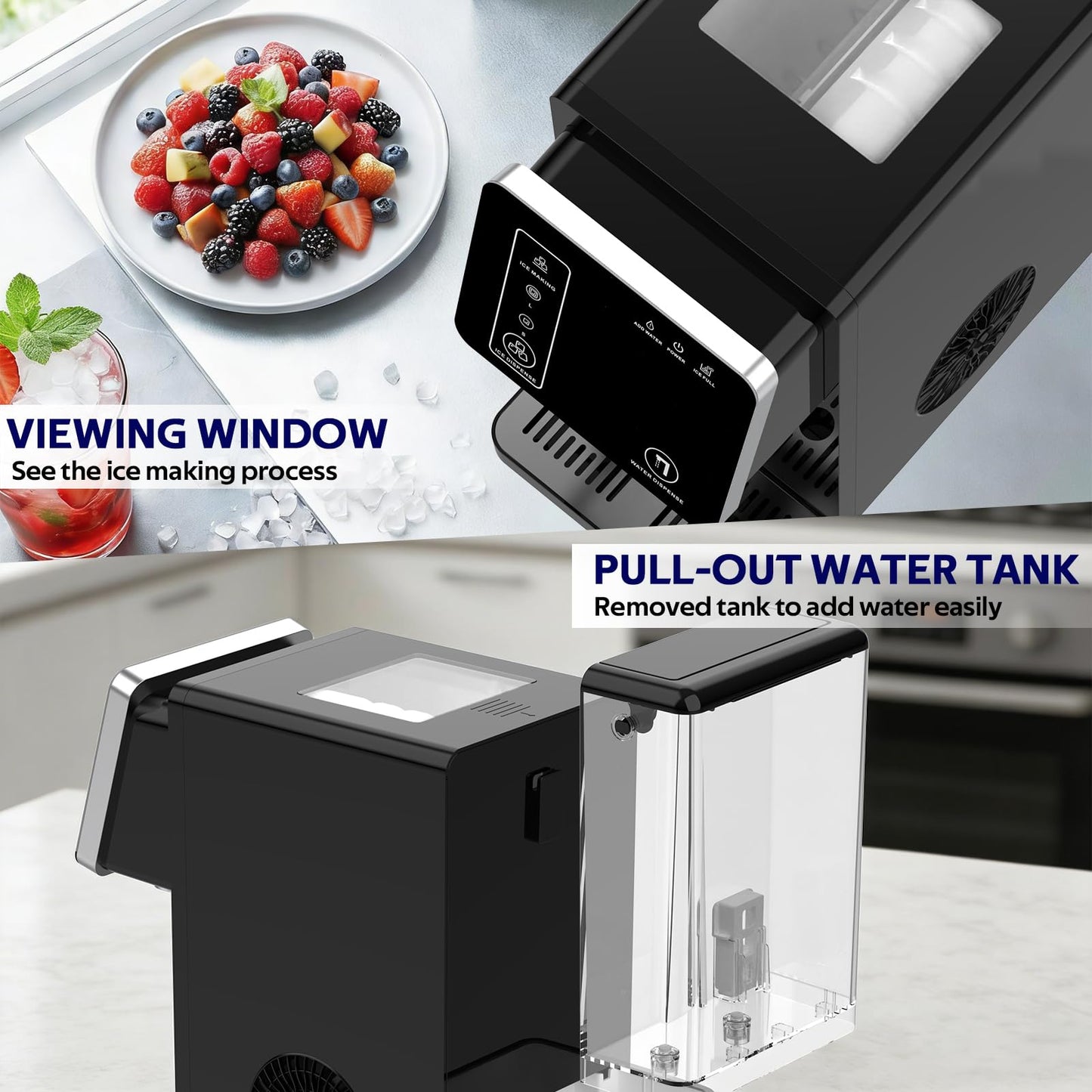 ADVWIN 3 in 1 Water Dispenser with Ice Maker, Nugget Ice Maker Countertop, Bullet & Crushed Ice, Water Cooler, 44Lbs/24H, 12 Ice Cube/6Min, Self-Cleaning, 4Lbs Storage, Home, Kitchen (26lbs/24H)
