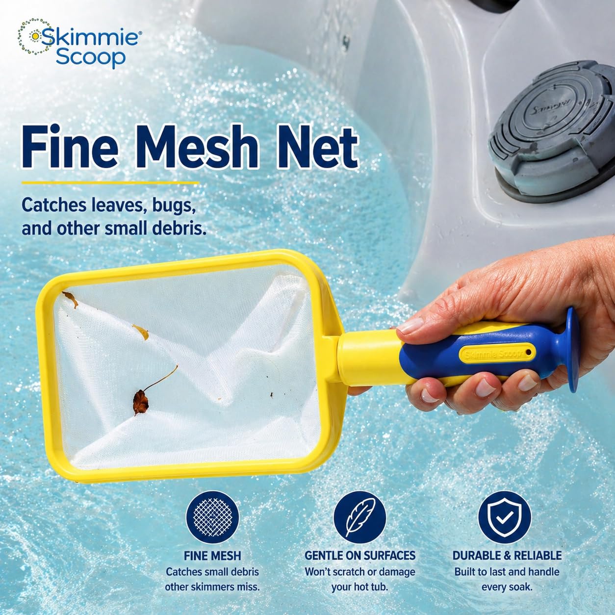 The Skimmie Scoop - Patented Handheld Skimmer with Fine Mesh Net for Spa, Hot Tub, Cold Plunge and Small Pool Cleaning - Lightweight and Durable with Powerful Suction Cup - Clean Out Filter (Yellow)