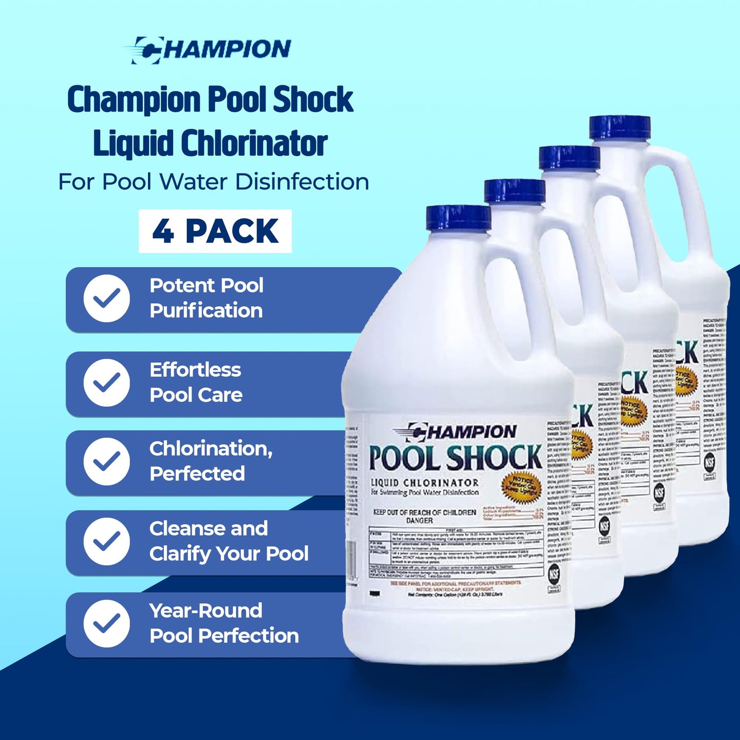CPDI Champion 4-Pack Pool Shock Liquid Chlorine, 12.5 Sodium Hypochlorite, 1 Gallon – Ready-to-Use Treatment for Clear Water and Algae Control in Above Ground & Inground Swimming Pools