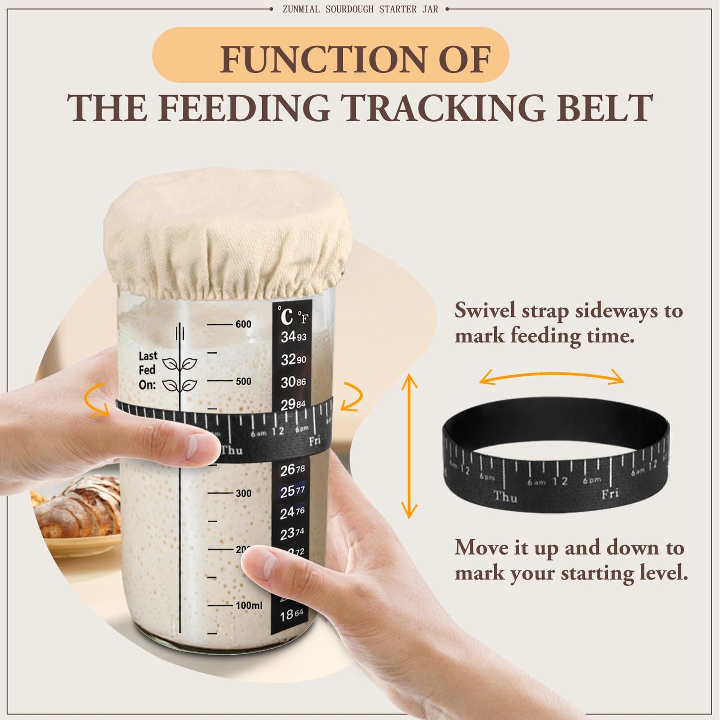 Zunmial Sourdough Starter kit, 34OZ Sourdough Starter Jar with Date Marked Feeding Band, ThermometerCloth Cover & Metal Lid, Reusable Sourdough Bread Baking Supplies, Home Baking Gifts