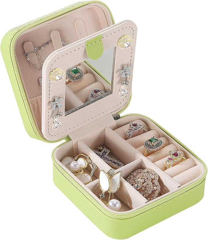 KElofoN Travel jewelry case Travel jewelry box Travel Jewelry Organizer Small Jewelry Organizer Box Gift for Girls Women with Mirror(Grass green)