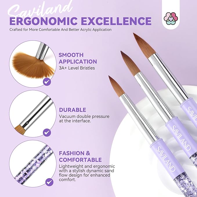 SAVILAND Kolinsky Acrylic Nail Brush Set: Size 6,10,14 Professional Nail Brushes Cleaner Manicure Tool for Acrylics Application Acrylic Powder Nails Extension 3D Carving for Nails Art DIY