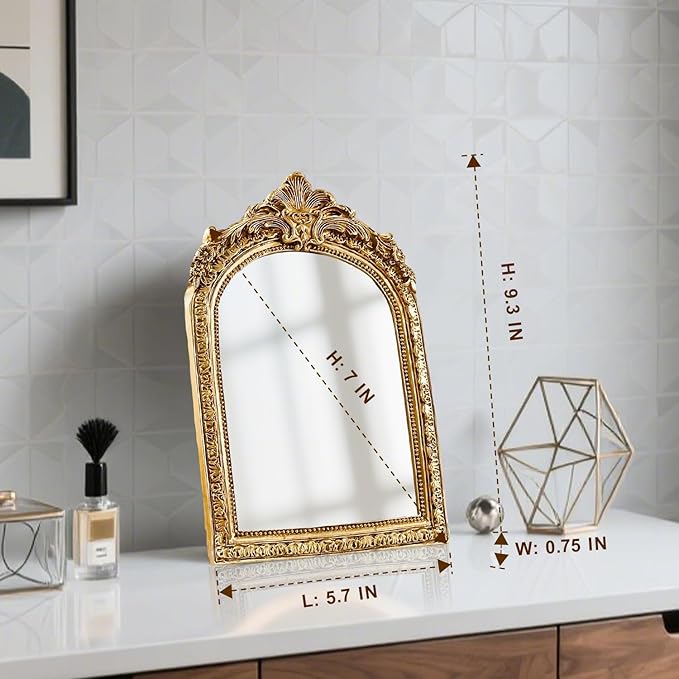 YUSONG Vintage Makeup Desk Mirror - 7" Gold Antique Mirror for Tabletop Resin Frame Decorative Wall Art for Living Room, Bedroom Decor, Vanity Table