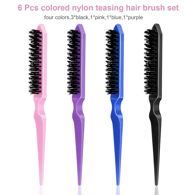 Yaomiao 6 Pcs Teasing Brush for Fine Hair Nylon Rat Tail Brush Set Women Three Row Salon Teasing Set for Back Combing, Root Hair Scalp Massage