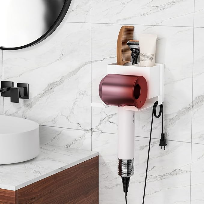 YSD Hair Dryer Holder Wall Mounted, Hair Tool Organizer, Blow Dryer Hanger for Dryer Hook, Bathroom Space-Saving Blow Dryer Organizer, White Curling Irons Storage