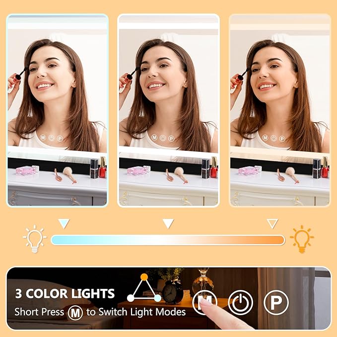 Vanity Mirror with Lights, Led Makeup Mirror, Lighted Makeup Mirror with 3 Color Dimmable Lights, Smart Touch Screen Control, Aluminum Metal Frame,USB Charging Port