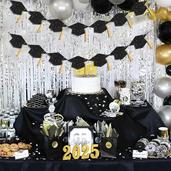 Graduation Decoration Banners 2026 Black Glitter Graduation Hats with Tassel Banners Garlands Class of 2026 Banners for College High School Graduate Party Decorations