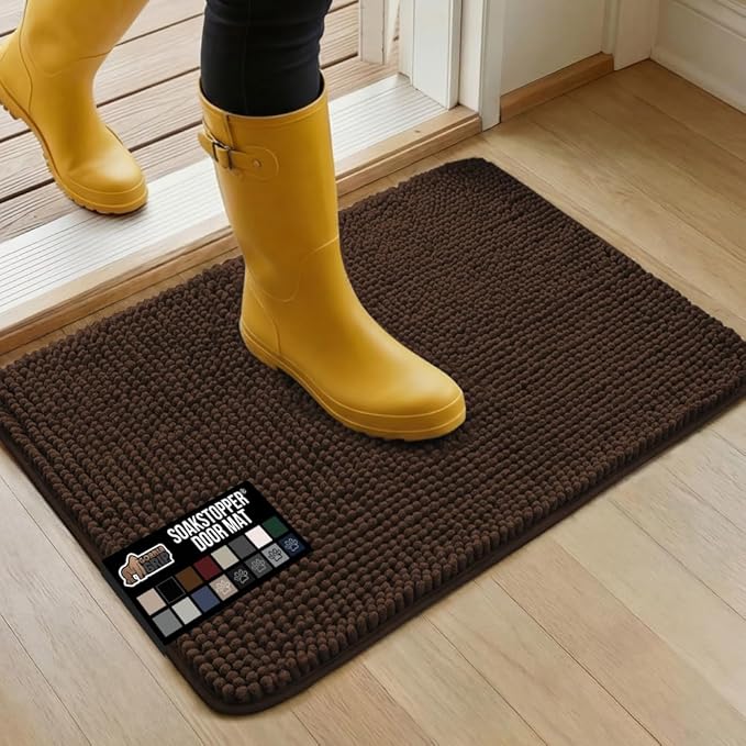 GORILLA GRIP SoakSTOPPER Dog Door Mat, 30x20 Machine Washable Rug Absorbent Doormat Captures Moisture Mud Dirt, Quick Dry Soft Chenille Entryway Rugs Indoor Entrance Mats for Dog Paws, Brown