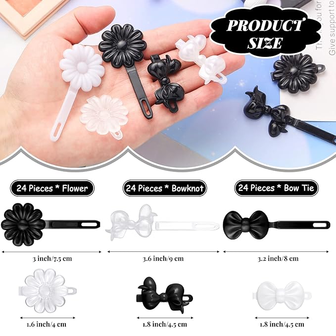 Janinka 72 Pieces Self Hinge Plastic Hair Clips: 80s 90s Cartoon Hairpins, Colorful Cute Clips for Toddler Girls (White Black Clear, Classic)