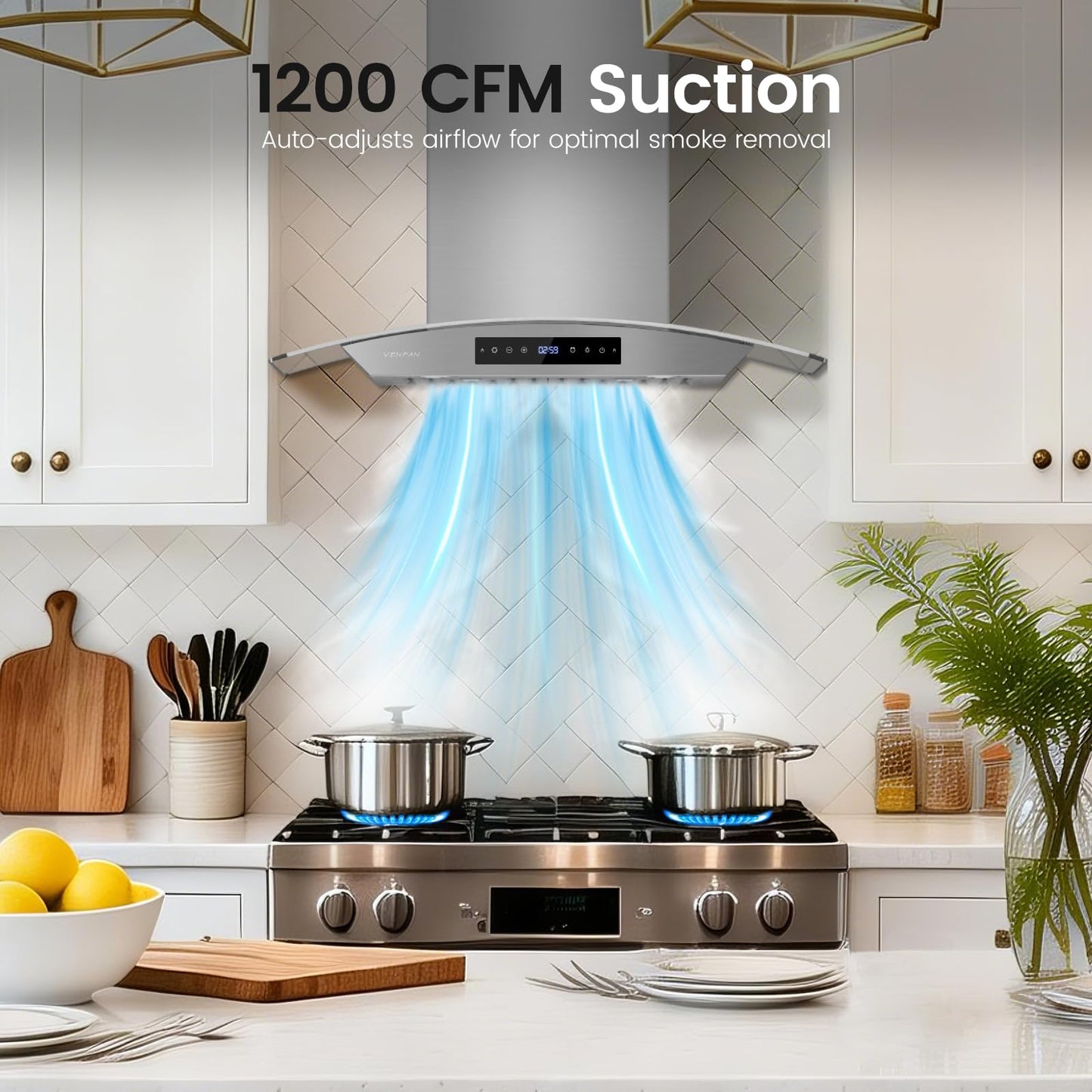 VENFAN Wall Mount Range Hood 30 inch, 1200 CFM High Suction Kitchen Vent Hood, Energy Saving DC Motor, 8-Speed Fan, Ducted/Ductless Convertible, Memory Function & Delay Shutoff, Tempered Glass