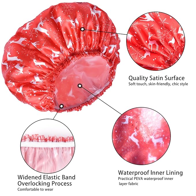 4 PCS Shower Cap for Women, Elastic and Reusable Bath Caps, Double Layers Shower Caps Reusable Waterproof, Bathing Shower Caps, Environmental Bath Hair Protection Cap - Chrismas Pattern