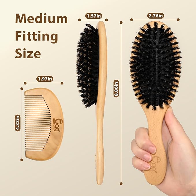 BLACK EGG Boar Bristle Hair Brush for Women Men Kid, Soft Natural Bristles Brush for Thin and Fine Hair, Restore Shine and Texture, Set includes Bamboo comb and 3 hair ties, Valentine’s Day Gift