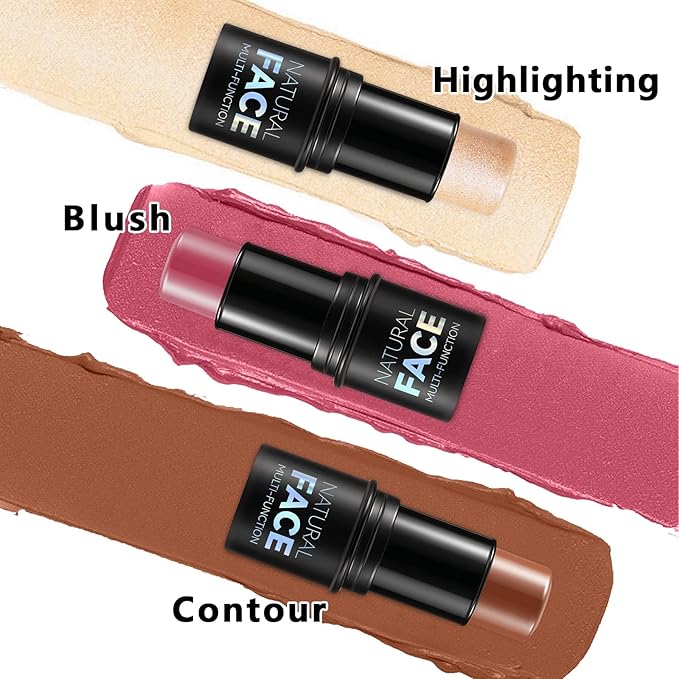 3Pcs Cream Contour Stick Makeup Kit, Shades with Highlighter, Blush and Bronzer Contour Stick for Sculpt the Cheeks, Long Lasting, Waterproof, Matte & Dewy Finish (LIGHT FAIR(8+10+12))