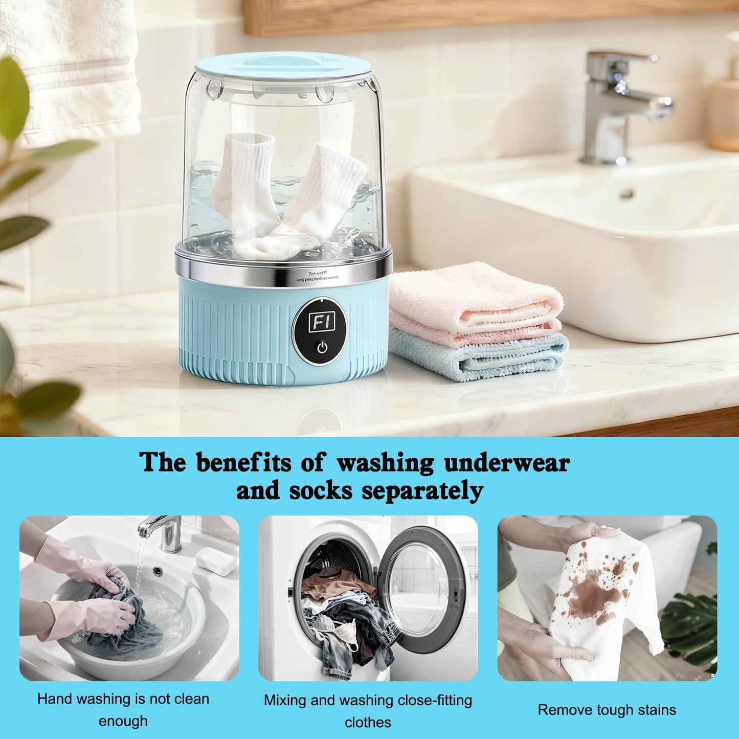 KiiDAS Portable Mini Washing Machine - 2025 Upgraded Washer for Underwear, Bra, Socks - Rechargeable Cordless Laundry Cup - Compact Travel Washers
