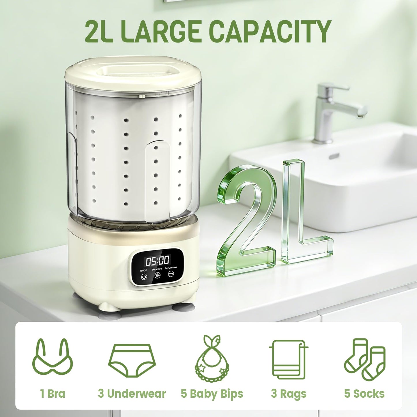 2L Mini Washing Machine, Portable Underwear Washer with 3 Modes (5-Min Wash, 5-Min Rinse, 3-Min Spin), Leakproof & Detachable Design, Drain Hose, Deep Cleaning for Underwear, Socks & Baby Items