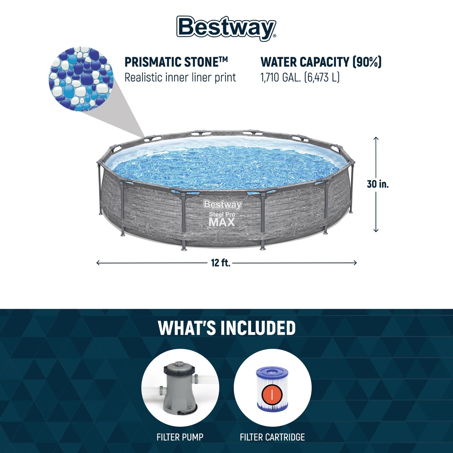 Bestway Steel Pro MAX 12' x 30" Above Ground Pool, Round Metal Frame Outdoor Swimming Pool Set with Filter Pump, Stacked Stone Print