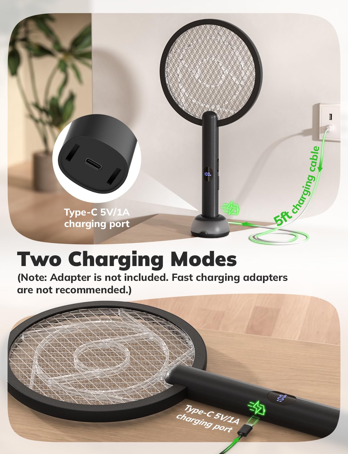 YISSVIC Electric Fly Swatter Bug Zapper Racket 4000V LED Screen Dual Modes Fly Zapper Rechargeable for Indoor Home Office Backyard Patio Camping (Black)