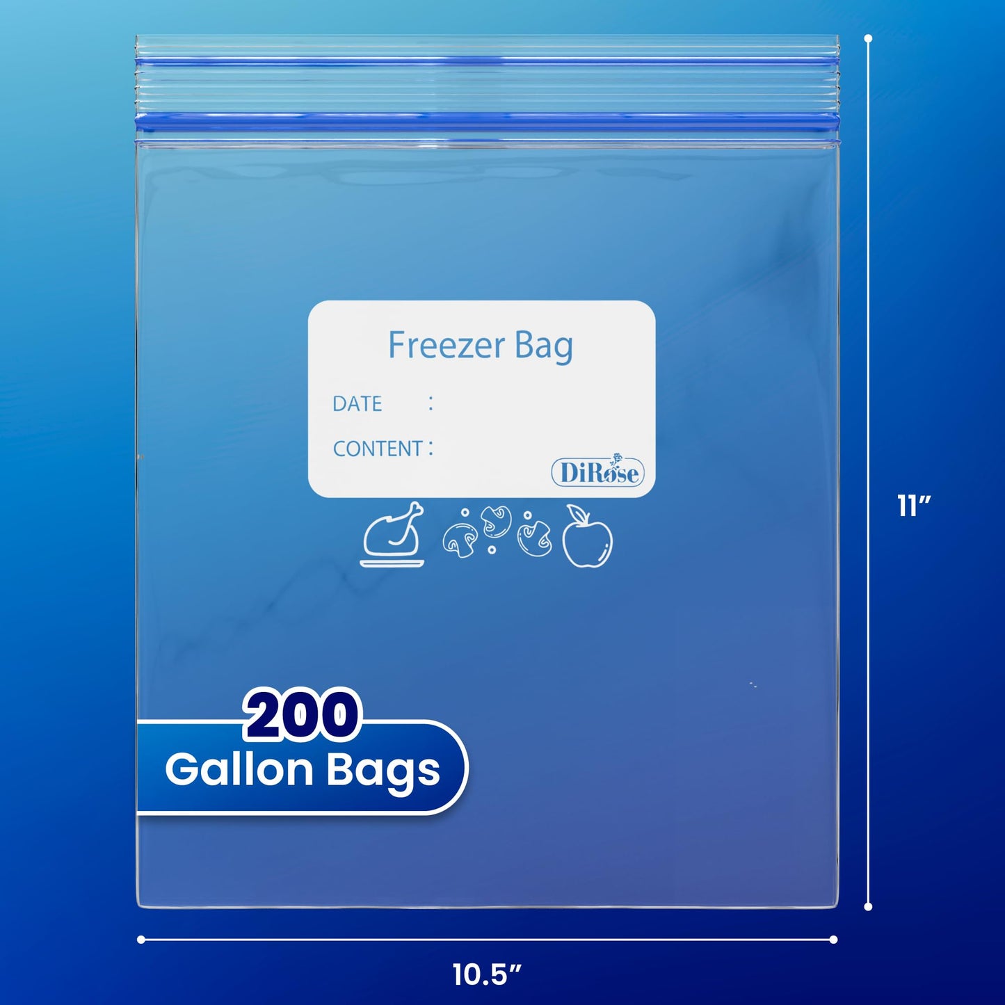 DiRose Reclosable Freezer Bags - 1 Gallon Size (200 Pack) | Double Zipper, Airtight Seal, BPA-Free, Premium Thick Heavy-Duty Bags for Safe and Secure Food Storage