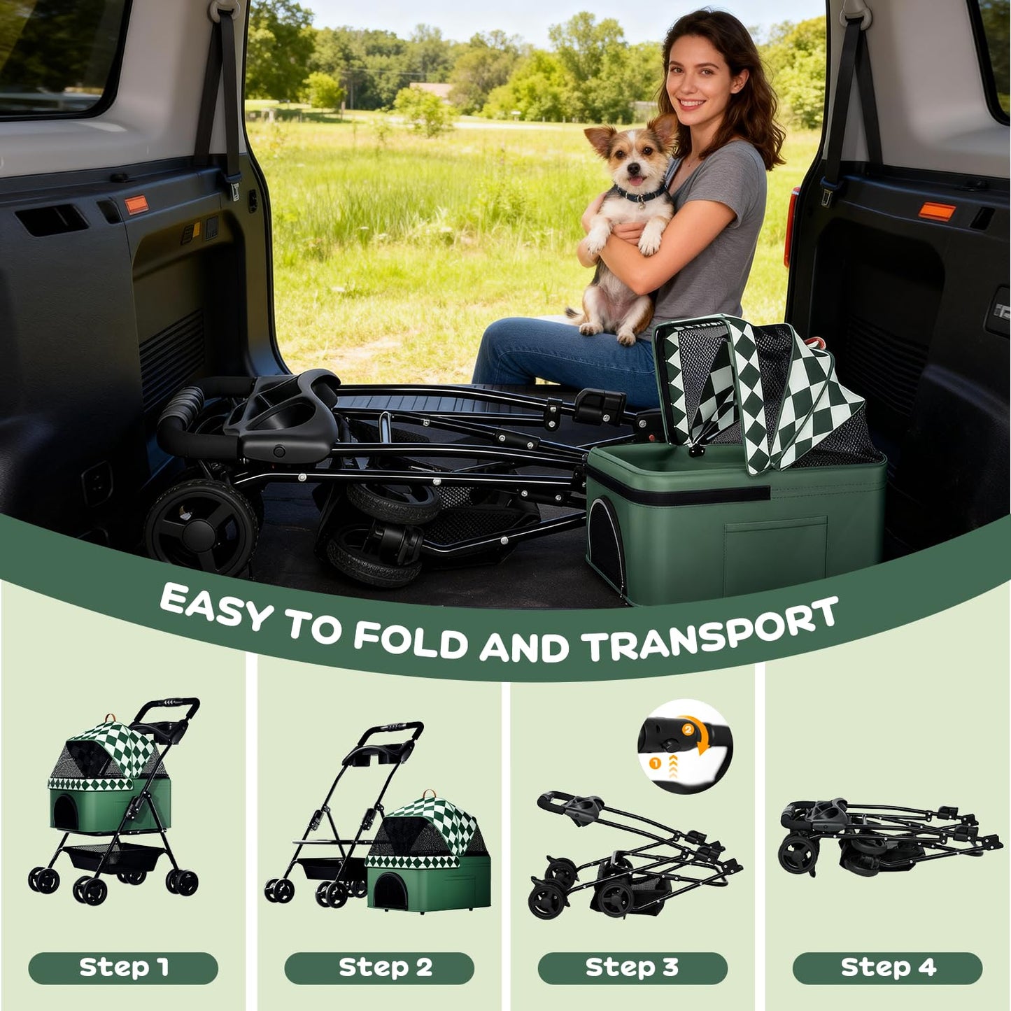 PUPIHOM Foldable pet Stroller for Cats with Detachable Weather Cover, 4 Wheels Pet Strolling Cart for Dogs and Cats with Storage Basket and Cup Holder（Green）