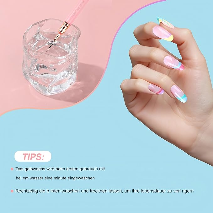 Metallic Nail Art Brushes, 5Pcs Nail Art Liner Brushes, Painting Art Design Brush Set Nail Dotting Drawing Tool for Long Lines, Thin Details, Fine Drawing Sizes 4/8/12/20/25mm, Pink