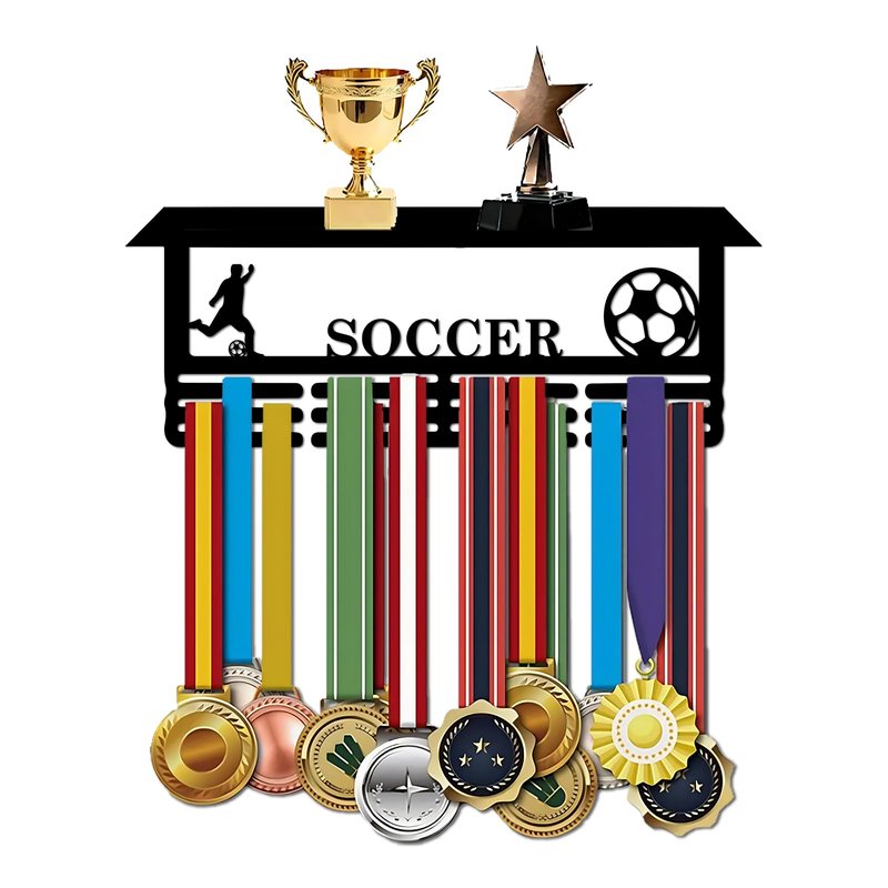 Resama World Cup Soccer Medal Hanger Holder Display Rack with Trophy Shelf, Holder for Awards Ribbons Personalized Medal Sports Themed Race Ribbon Holder for Wall Metal Display for Men Boy Girl Kid