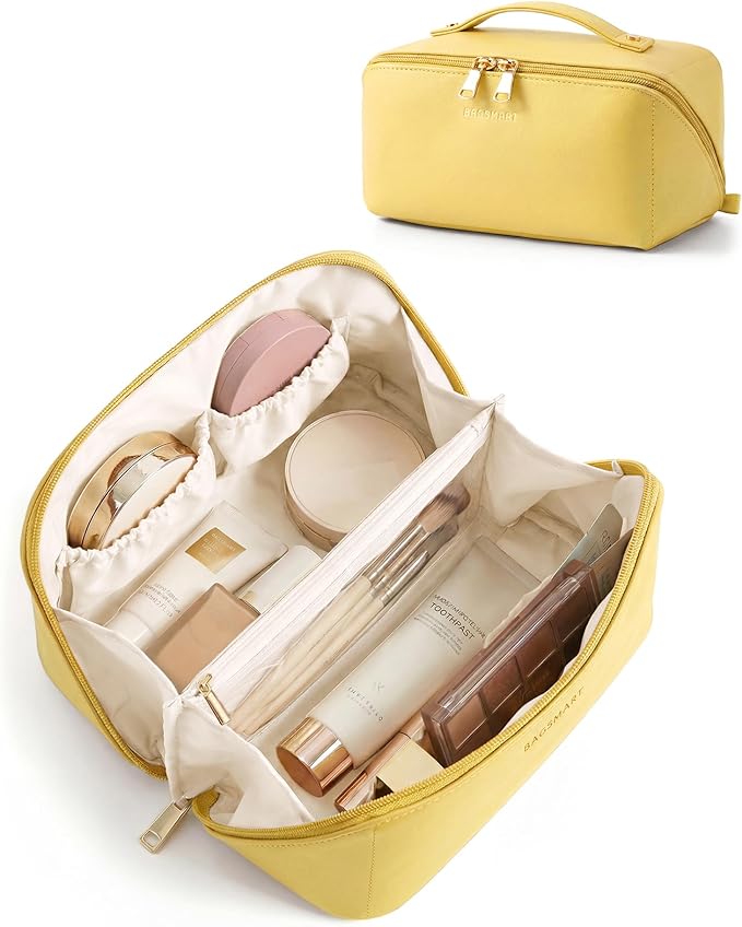 BAGSMART Makeup Bag Travel Cosmetic Bag, Large Make Up Bag Flat Open Toiletry Bag for Women, PU Leather Travel Essentials Organizer Case, Wide-open Pouch Purse for Skincare, Brushes, Yellow