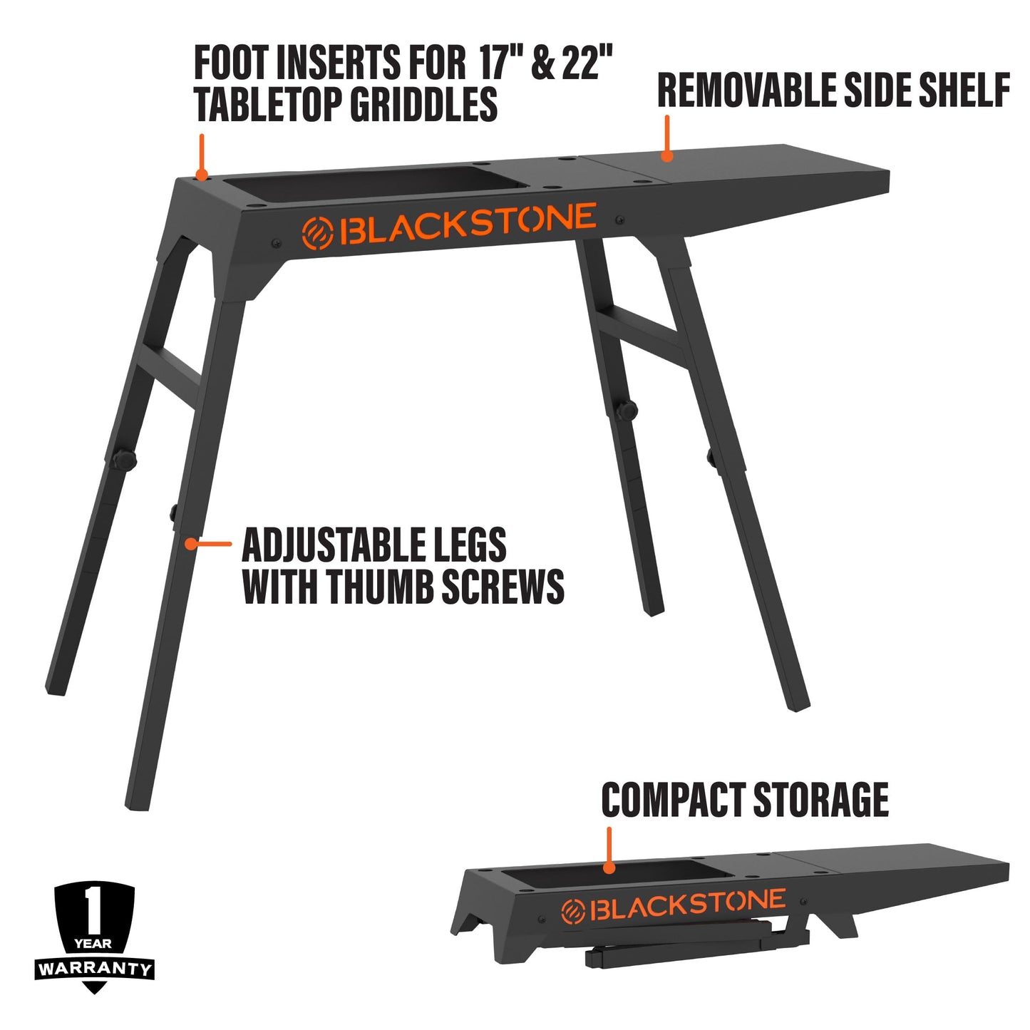 BLACKSTONE 5013 Collapsible 17” and 22” Tabletop Griddle Stand with Adjustable Legs and a Removable Side Shelf, Powder Coated Steel, Black