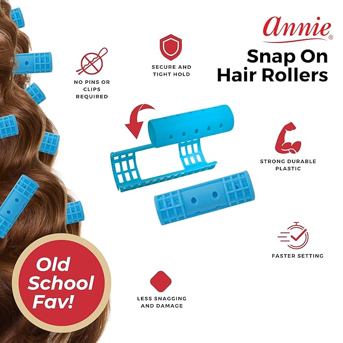 Annie Snap-On Magnetic Hair Rollers – Small 1/2 Inch with Locking Snap-Over Hood – Secure Hold No Pins Needed – Blue, 14 Count