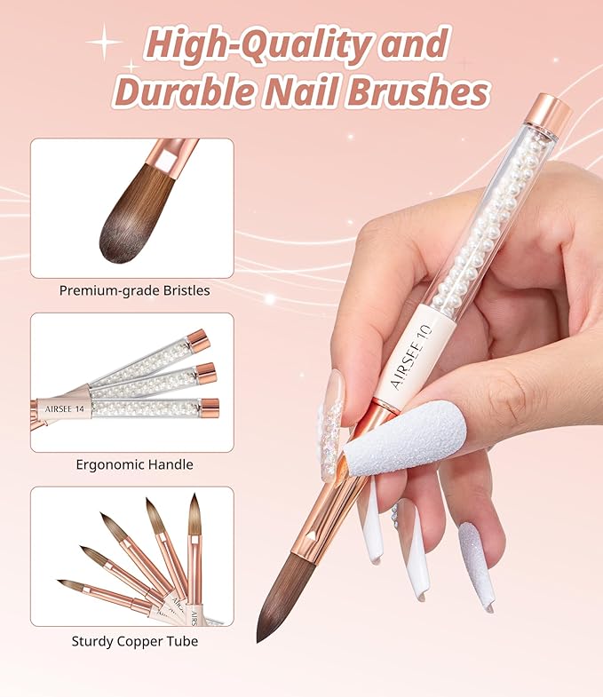 AIRSEE 5PCS Acrylic Nail Brush Set, Size 6/8/10/12/14 for Acrylic Powder Brushes, Nail Extension & 3D Carving Beginner & Professional Use DIY Salon Home, Pearl