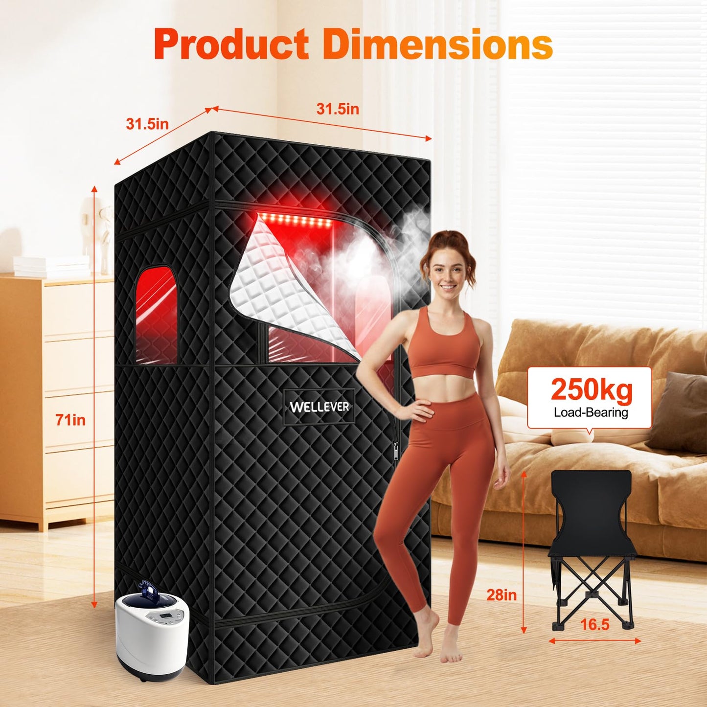 Home Sauna Portable with 660nm Red Light Therapy, Sauna Box for Detox & Muscle Recovery, Infrared Saunas for Home 1000W Rapid Heating, Remote Control & Foldable Chair 71”x 36”x 49”, 9 Timer Setting