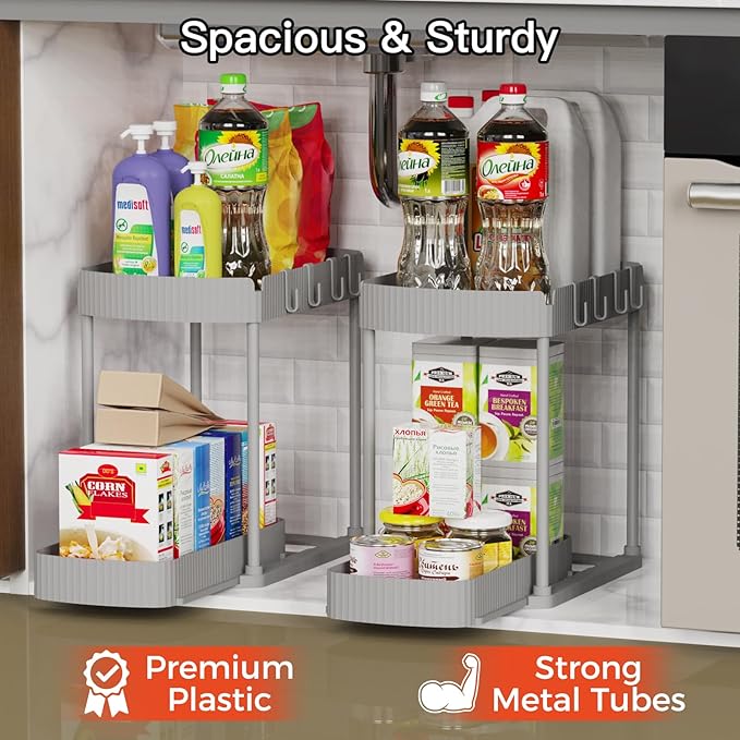 2 Pack Multi-Purpose Pull-Out Storage Organizers, Under Sink Organizers and Storage for Bathroom & Kitchen, Under Cabinet Organizers and storage, 14.8 Inch, Grey