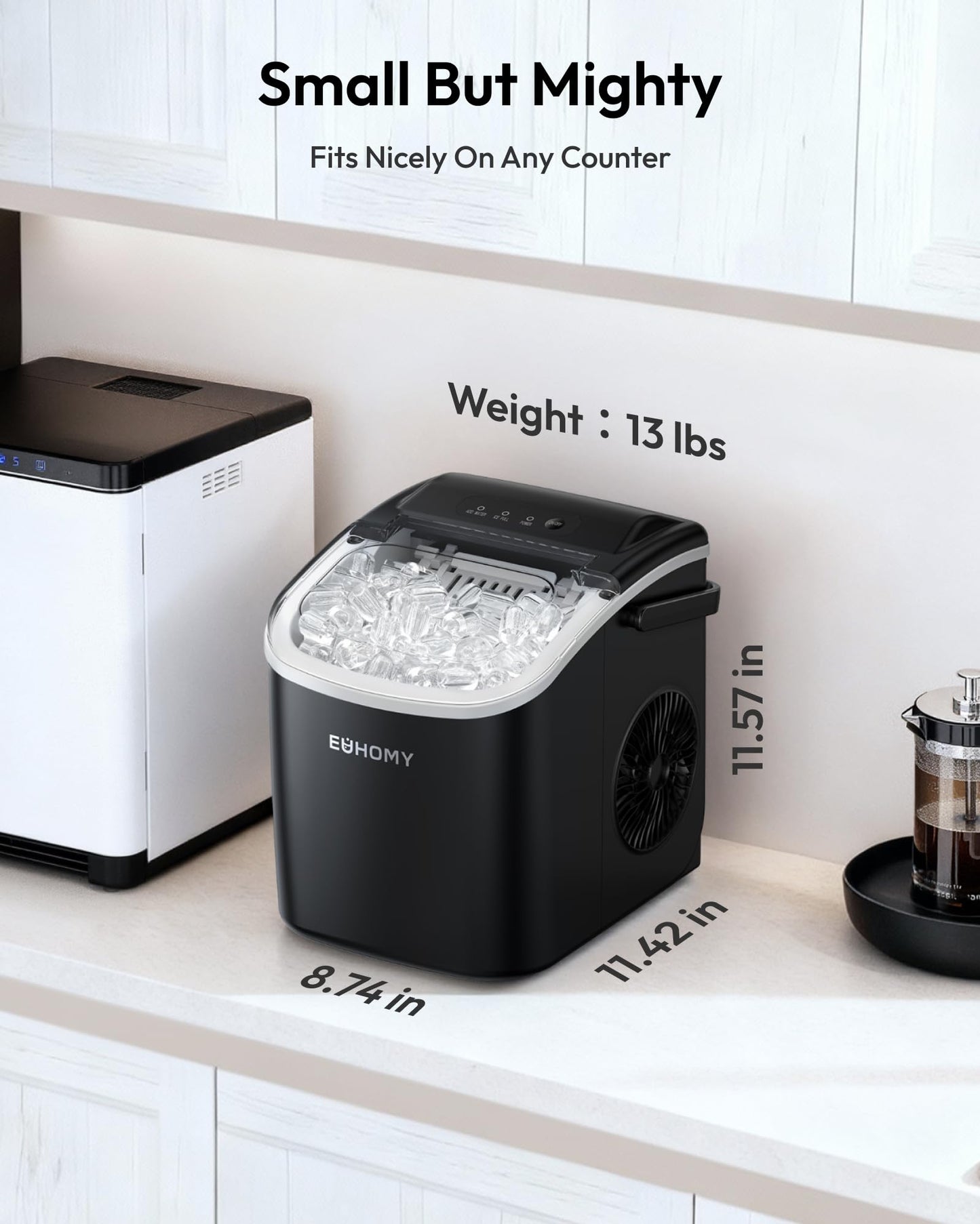 EUHOMY Countertop Ice Maker Machine with Handle, 26lbs Per Day, 9 Bullet Cubes in 6 Mins, Self-Cleaning Portable Ice Maker with Basket and Scoop, for Home/Kitchen/Camping/RV (Black)
