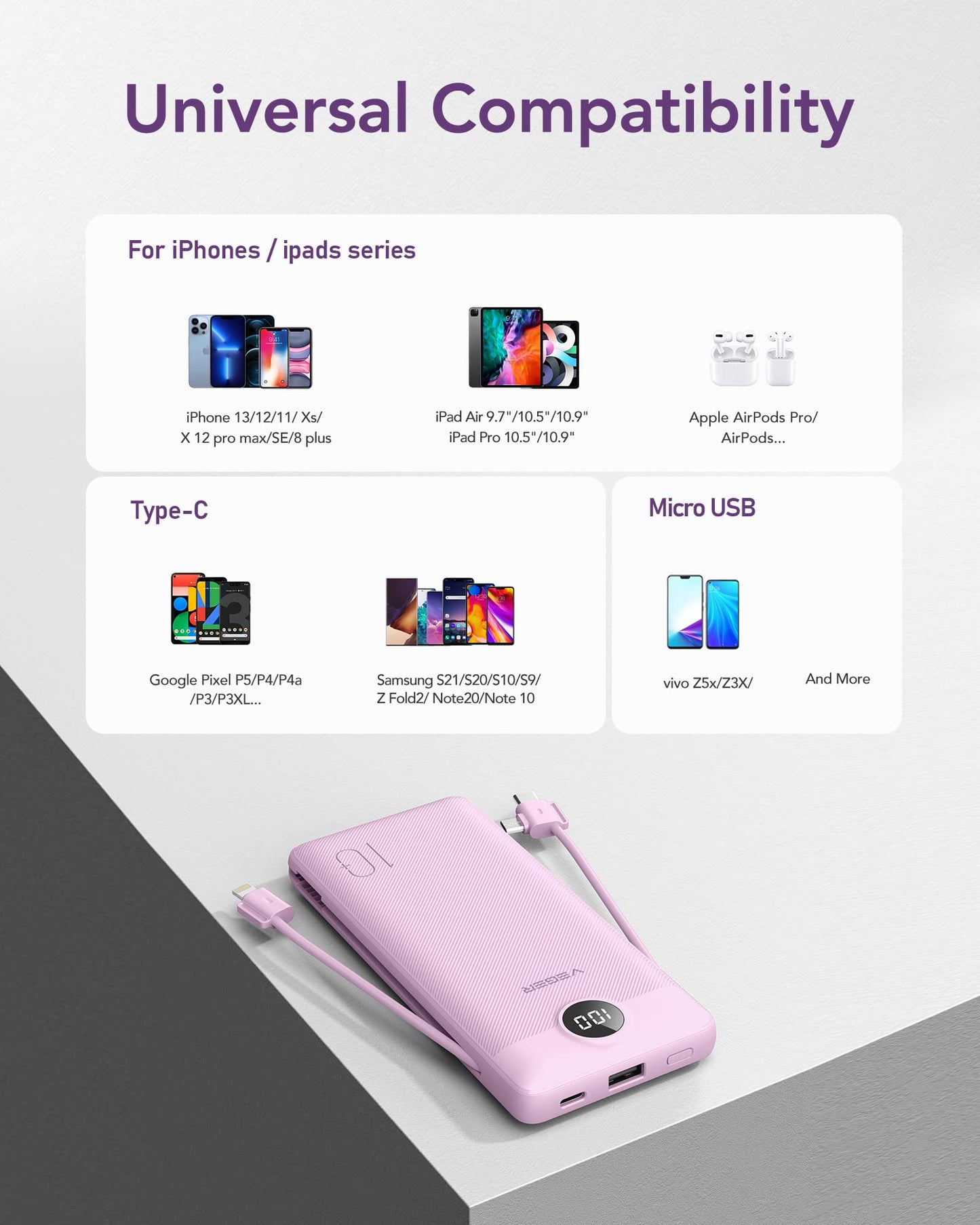 VEGER Portable Charger for iPhone Built in Cables and Wall Plug, 10000mah Slim Fast Charging USB C Power Bank, Travel Essential Battery Pack Compatible with iPhones, iPad, Samsung More Devices(Purple)