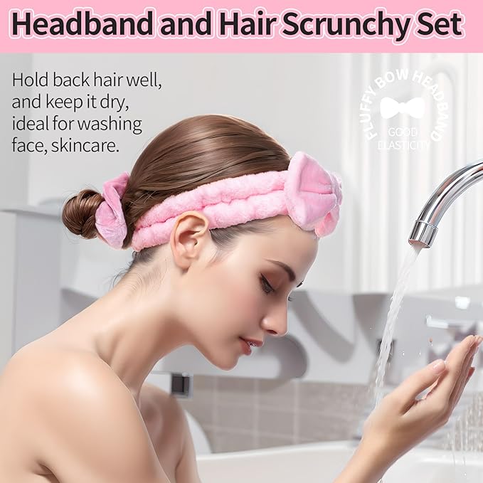 LEOBRO Spa Headband for Skin Care and Makeup, Headbands for Washing Face for Teen Girls Women, with Hair Scrunchies, Basket Valentines Gifts for Girls Women (Pink & Creamy White & Black)