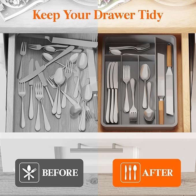 Lifewit Silverware Drawer Organizer Tray, Plastic Cutlery Storage for Kitchen, Flatware and Utensil Holder Divider for Spoons Forks Knives Tableware, 9.5 x 13.4", 5 Slots, Gray