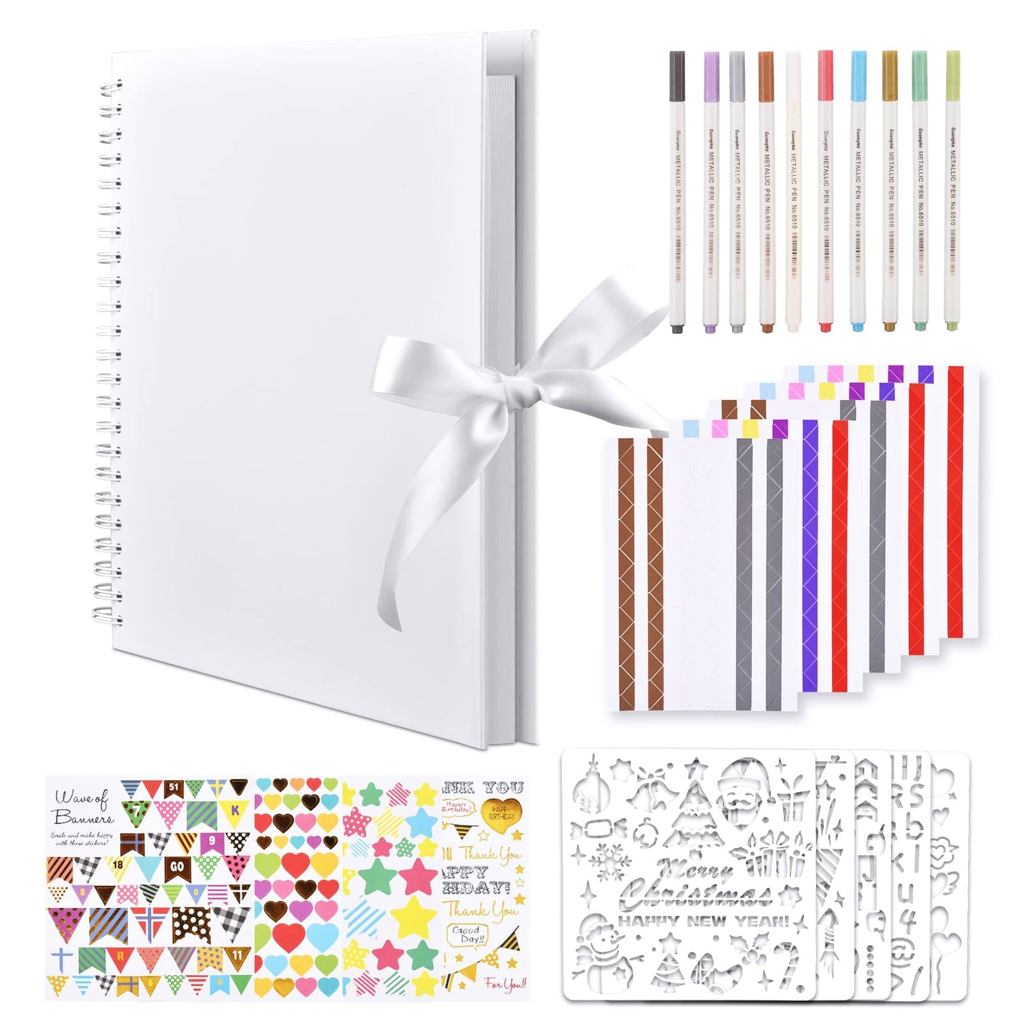 GOTIDEAL 12 x 12 Inch Scrapbook Album with 10 Metallic Markers,80 Pages Craft Paper Photo Album for Wedding and Anniversary, Family DIY Photo Album with Scrapbooking Stickers Corners(White)