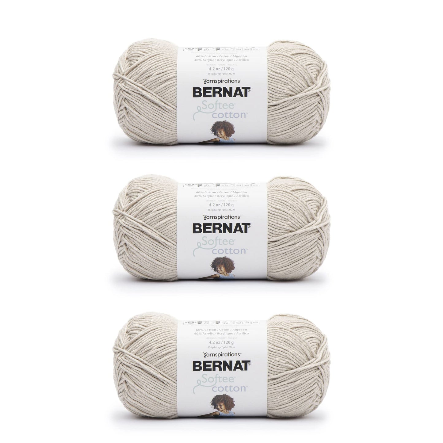Bernat Softee Cotton Feather Gray Yarn - 3 Pack of 120g/4.25oz - Nylon - 3 DK (Light) - 254 Yards - Knitting, Crocheting & Crafts
