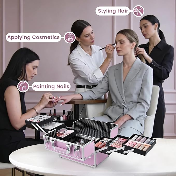 Frenessa Makeup Train Case Large Portable Cosmetic Case - 6 Tier Trays Professional Makeup Storage Organizer Box Make Up Carrier with Lockable keys - Pink